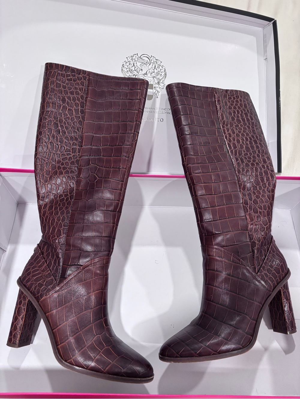 Vince Camuto Phranzie Leather Burgundy Croc-Embossed Knee High Boots - Picture 2 of 12